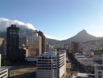 This birds-eye photo of Cape Town (City) in South Africa with Table Mountain under the clouds at left, was taken by photographer Gideon Geldenhuys from Pretoria, South Africa.